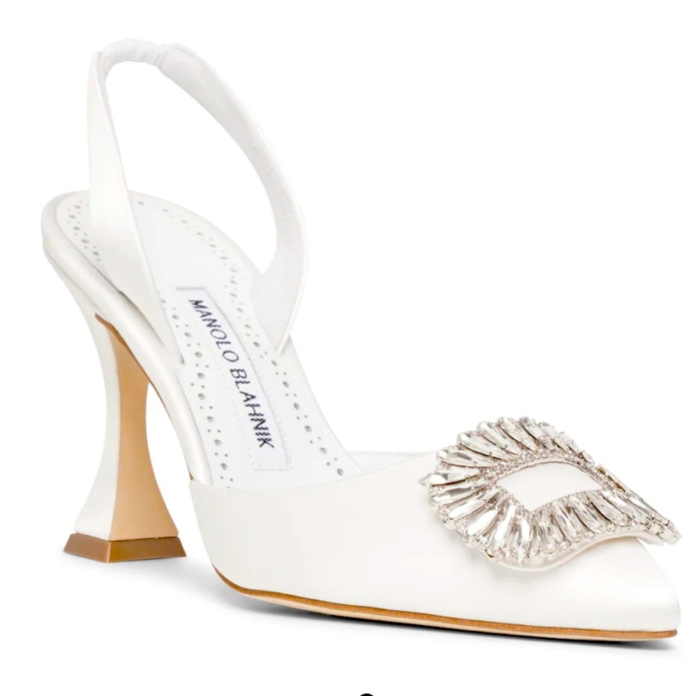 Manolo Blahnik White Slingback pumps with Silver Embellishment